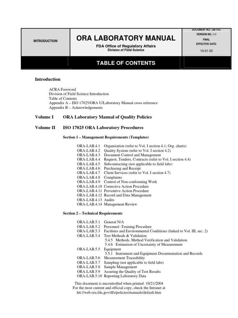 ORA LAB ManualToc PDF Laboratories Verification And Validation