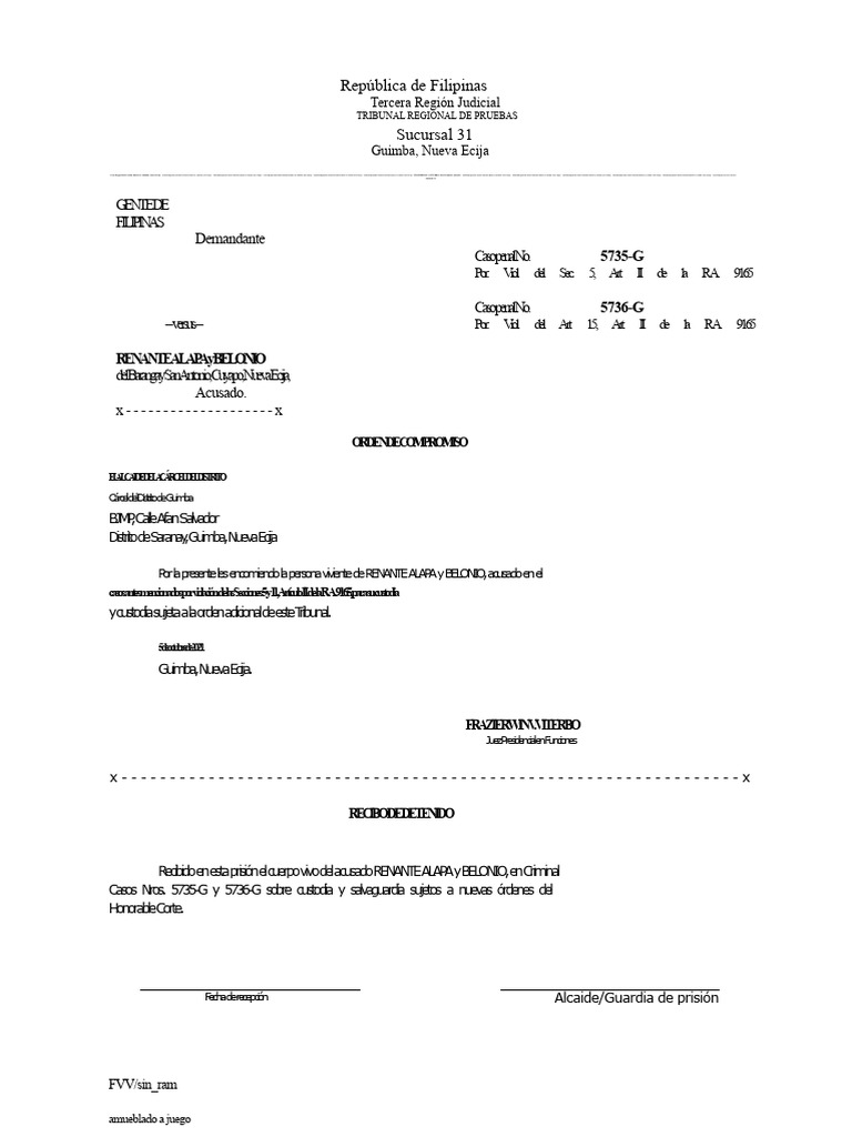 Orden de Compromiso de Renante Alapa y Belonio - 5735, 5736 | PDF ...