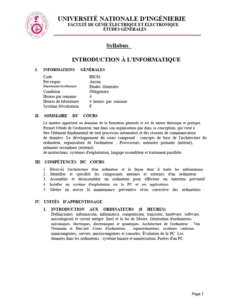 Syllabus d'Introduction à l'Informatique | PDF | Mémoire vive ...