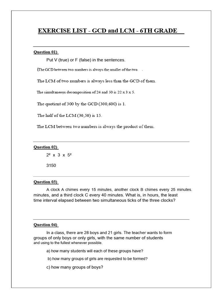 Exercise List - LCM and GCD | PDF | Discrete Mathematics | Mathematics
