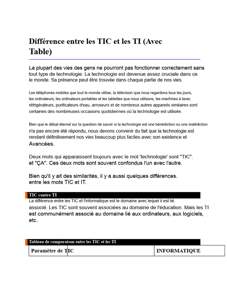 Différence Entre Les TIC Et L'informatique | PDF | Informatique ...