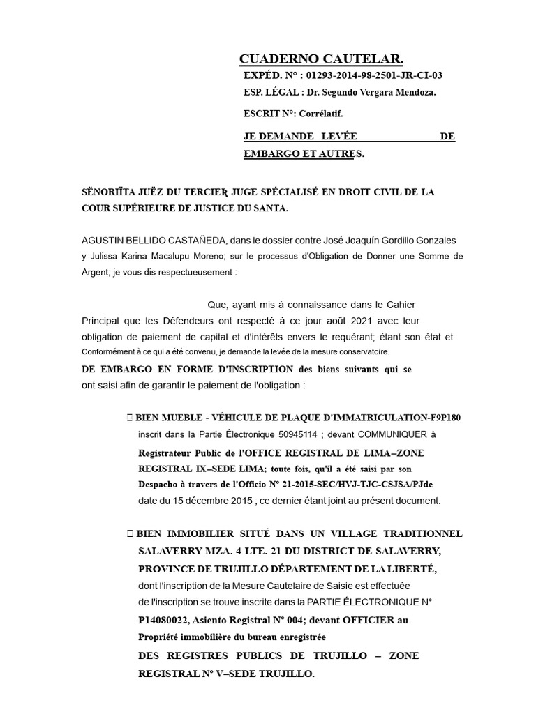 Demande de levée d'embargo judiciaire | PDF