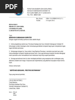 Surat Mohon Sumbangan Bantuan Laptop Untuk Anak Daripada Yb