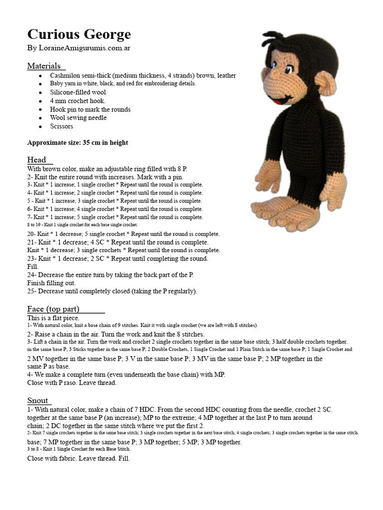 Free Curious George Crochet Pattern | PDF | Knitting | Crochet