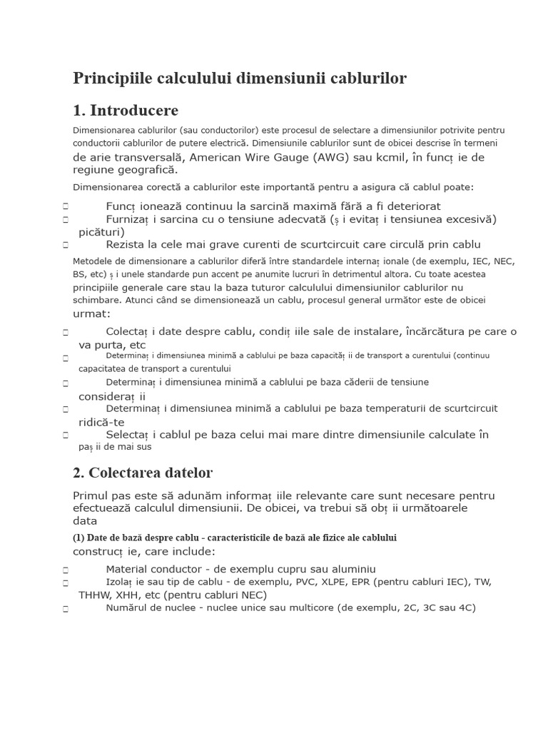Principiile Calculului Dimensionării Cablurilor | PDF