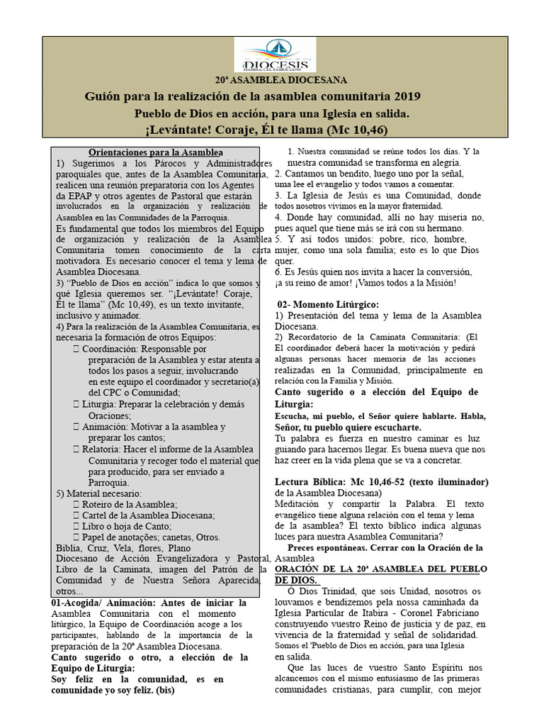 Guía para la 20ª Asamblea Diocesana | PDF | Oración | eucaristía