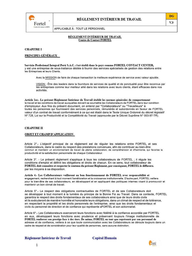Règlement Intérieur de Travail FORTEL | PDF | Heures supplémentaires ...