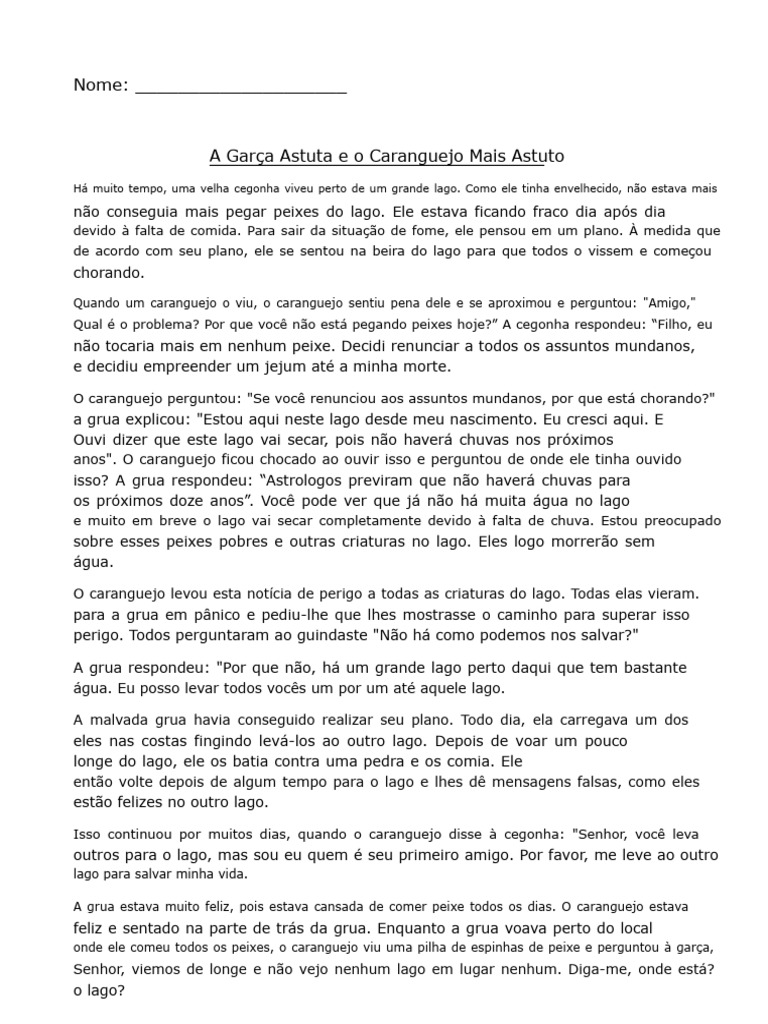 A Garça Astuta e o Caranguejo Inteligente | PDF