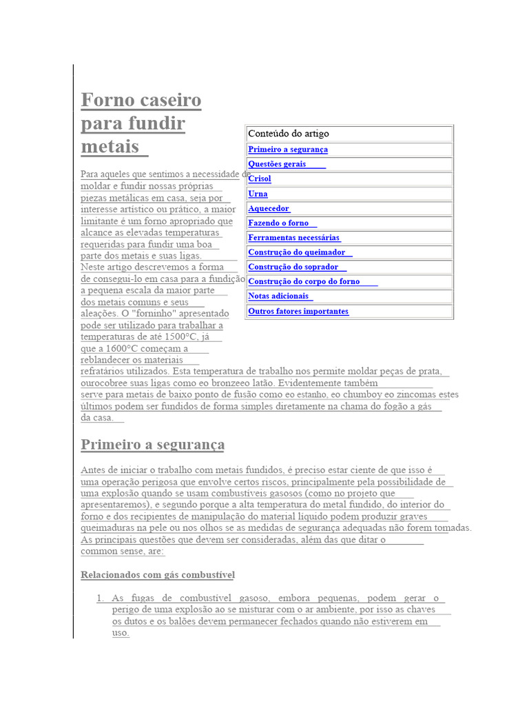 Como Fazer um Forno Caseiro para Fundir Metais | PDF | Forno | Calor