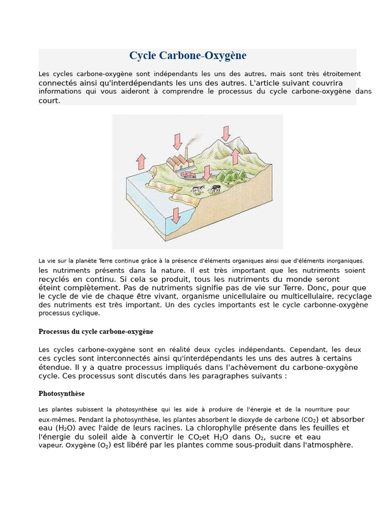 Cycle de l'Oxygène et Carbone PDF Photosynthèse Oxygène — free download