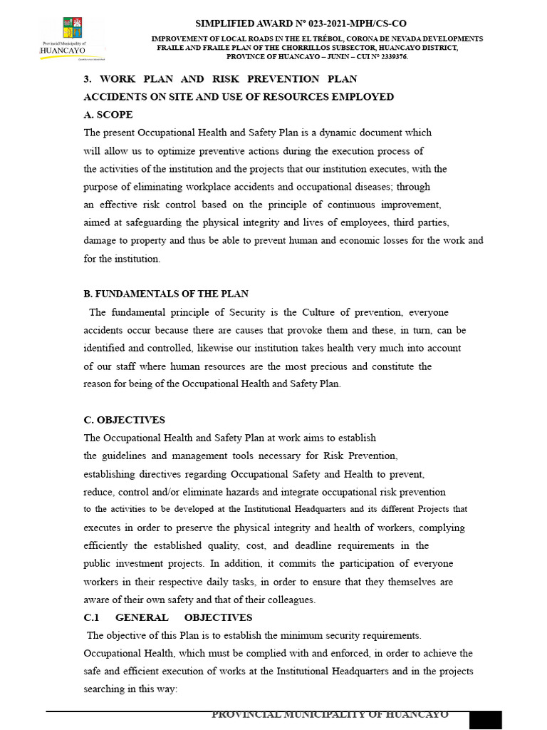 Occupational Health & Safety Plan for Huancayo | PDF | Occupational ...