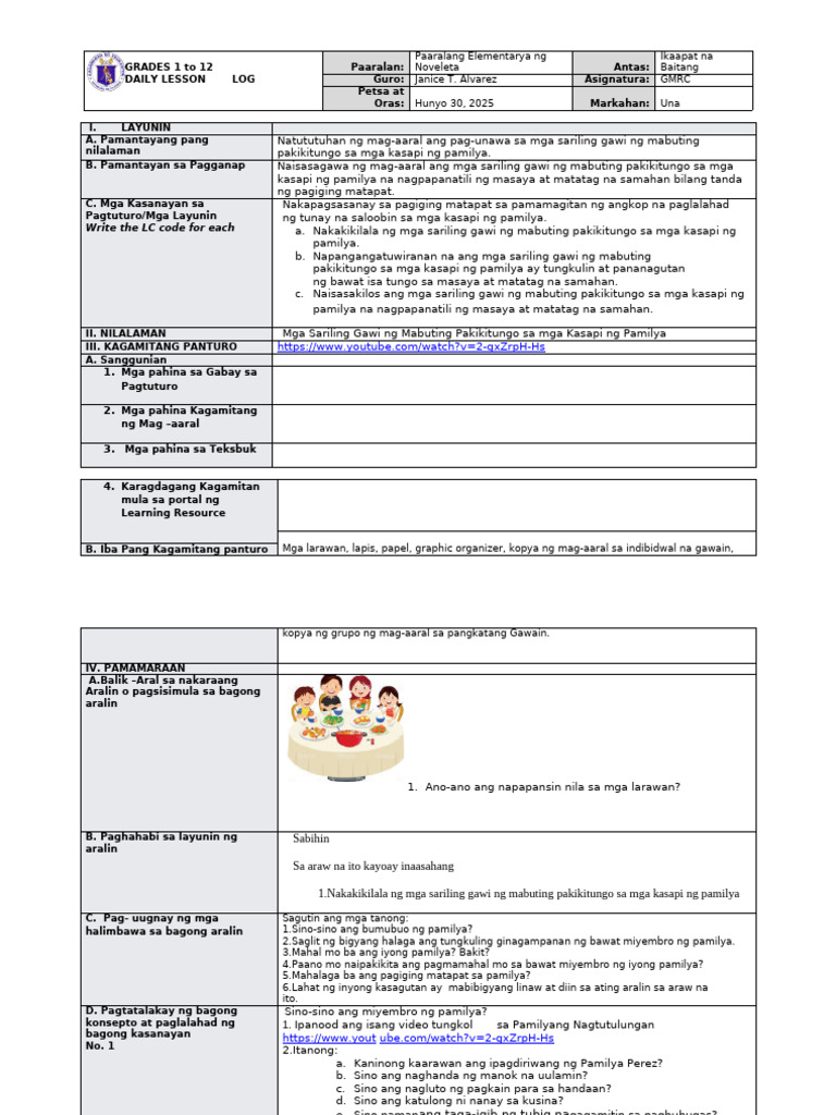 DLL - Q1 - W2 - D1 GMRC-janice (Unang Araw) | PDF