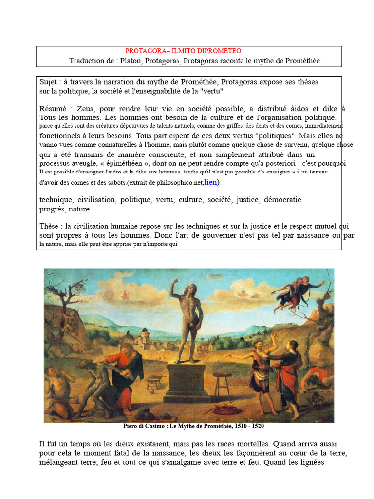 Protagoras et le mythe de Prométhée | PDF | Prométhée | Zeus