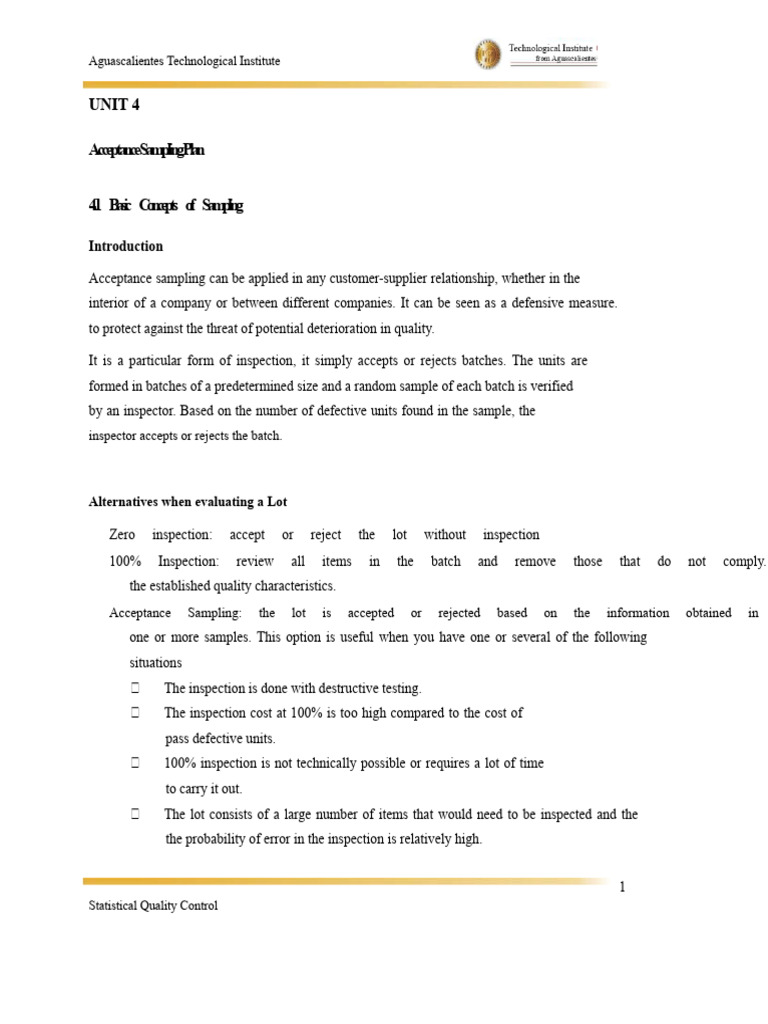 Unit 4. Acceptance Sampling Plans | PDF | Sampling (Statistics ...