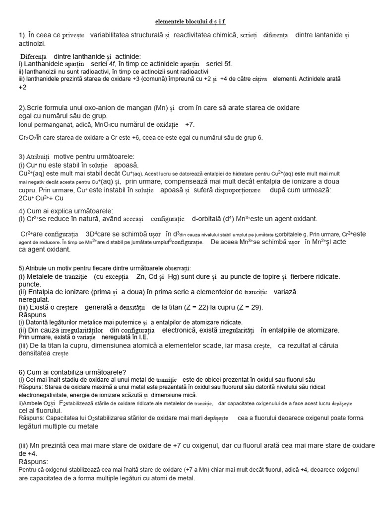 Întrebări Din Anul Trecut Despre Elementele Blocului D Și F | PDF