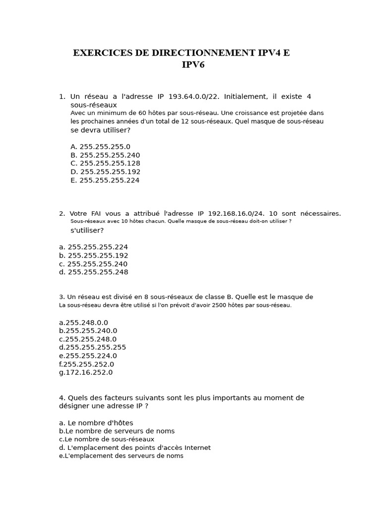 Exercices de sous-réseautage IP | PDF | Adresse IP | Protocole sur la ...
