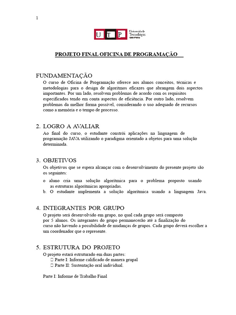 Projeto Final em Programação Java | PDF | Algoritmos | Linguagem de ...