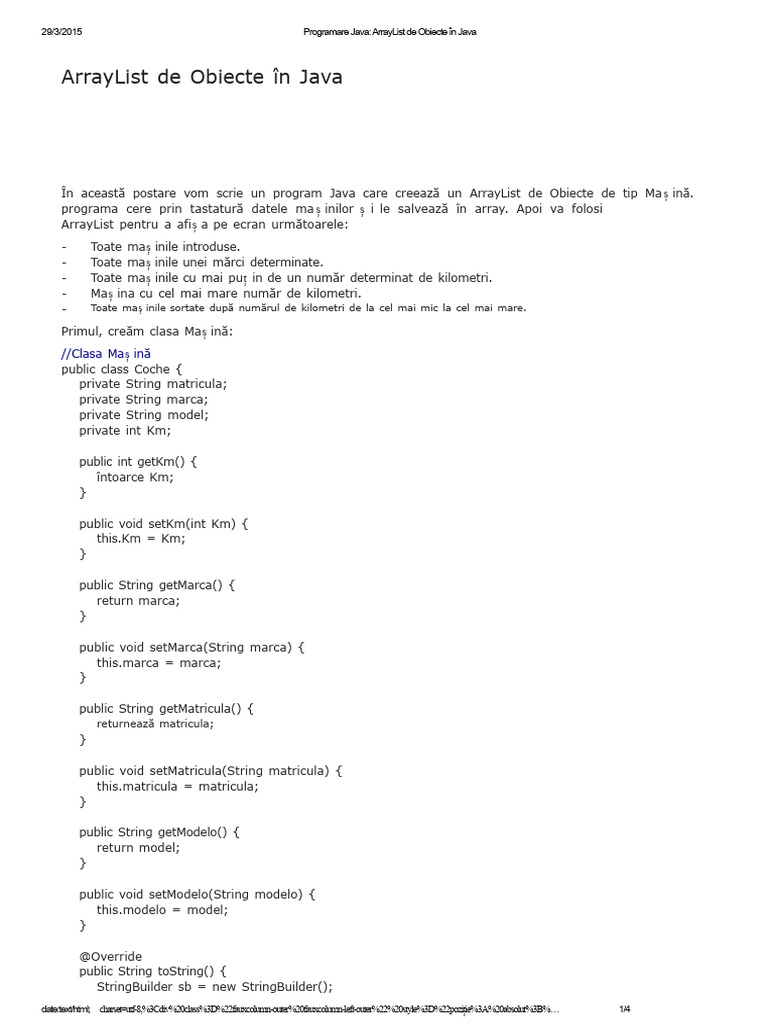 ArrayList de Obiecte În Java (Clasa Mașină) | PDF