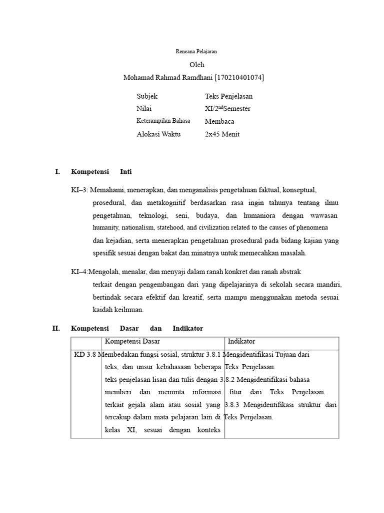 Rencana Pelajaran Teks Penjelasan XI | PDF
