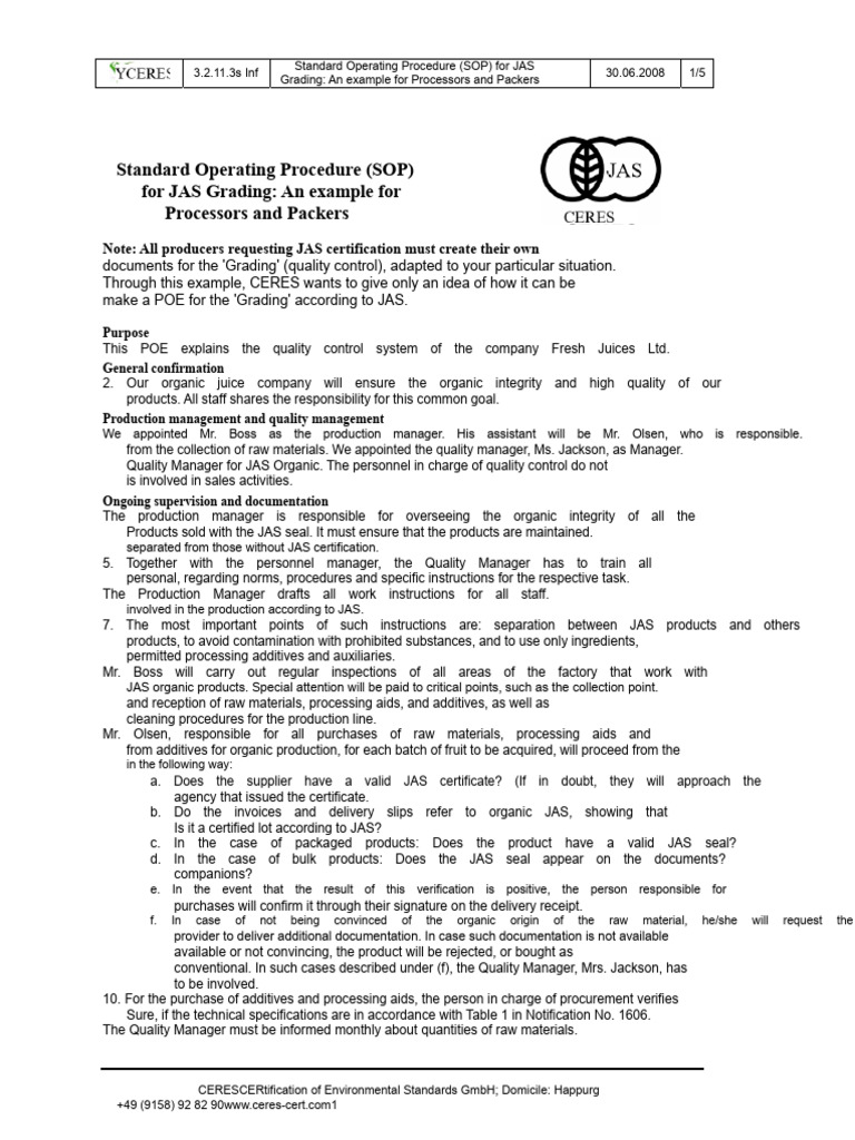 JAS Grading SOP for Organic Juice Production | PDF