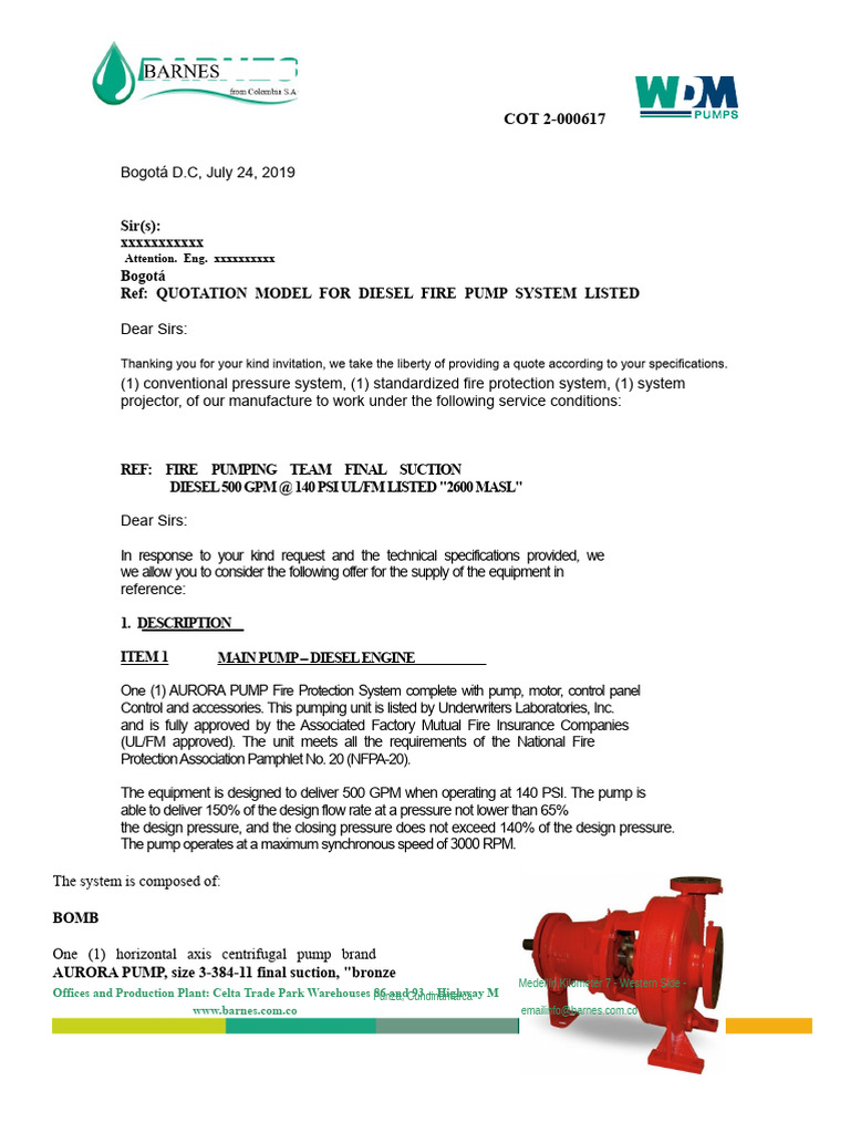Diesel Fire Pump System Quotation | PDF | Battery Charger | Pump