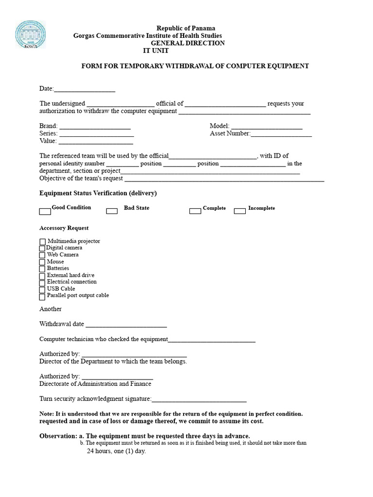 Equipment Withdrawal Form | PDF
