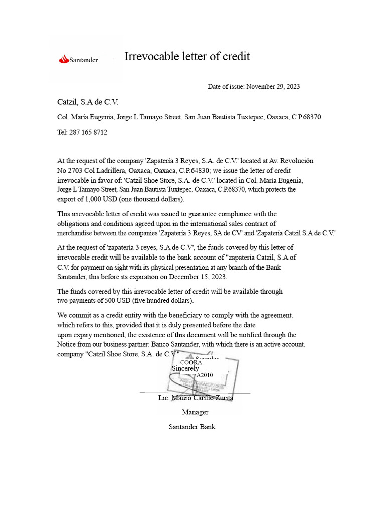 Irrevocable Letter of Credit Details | PDF
