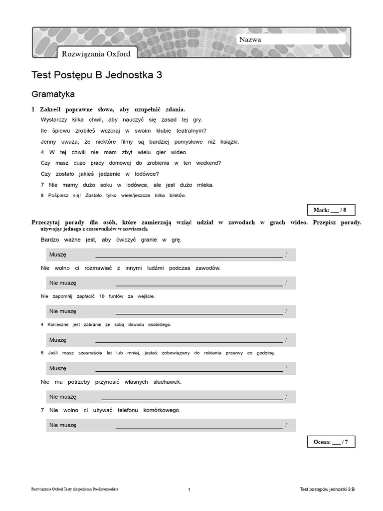Oxford Solutions Pre Int Progress Test Unit 3 B PDF | PDF