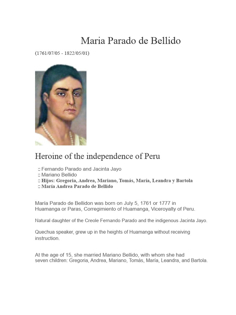 María Parado de Bellido: Peruvian Heroine | PDF | Spanish Empire ...
