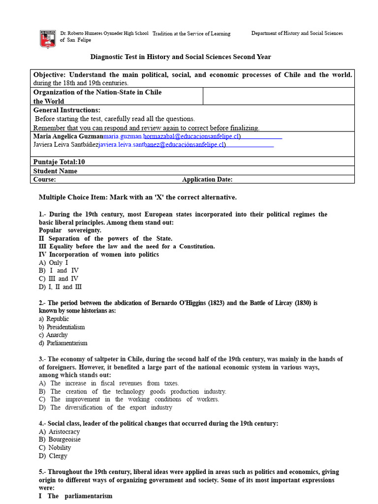 History Diagnostic Test for 2nd Year Students | PDF | Multiple Choice ...