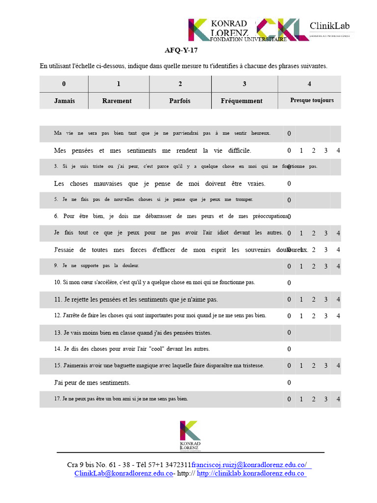 Questionnaire d'évitement psychologique AFQ-Y-17 | PDF | Psychologie ...