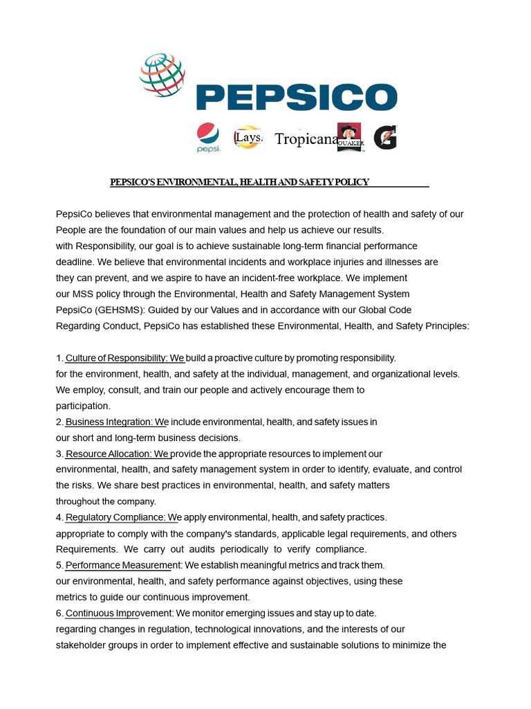 PepsiCo Environmental Safety Policy | PDF | Occupational Safety And ...