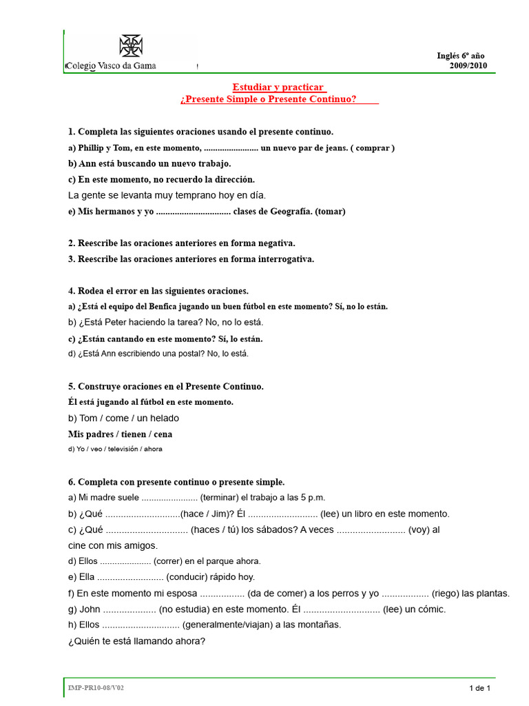 Ejercicios de Presente Simple y Continuo | PDF