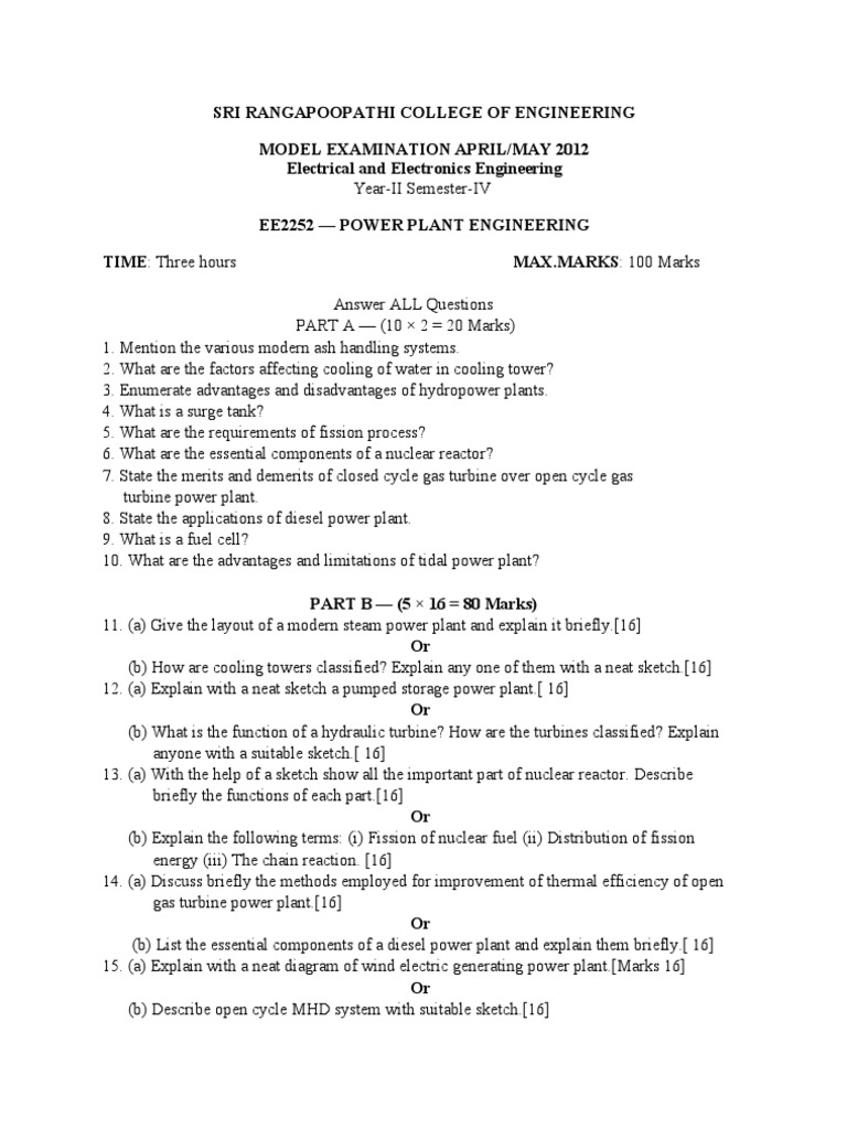 Power Plant Engineering Exam Questions | PDF