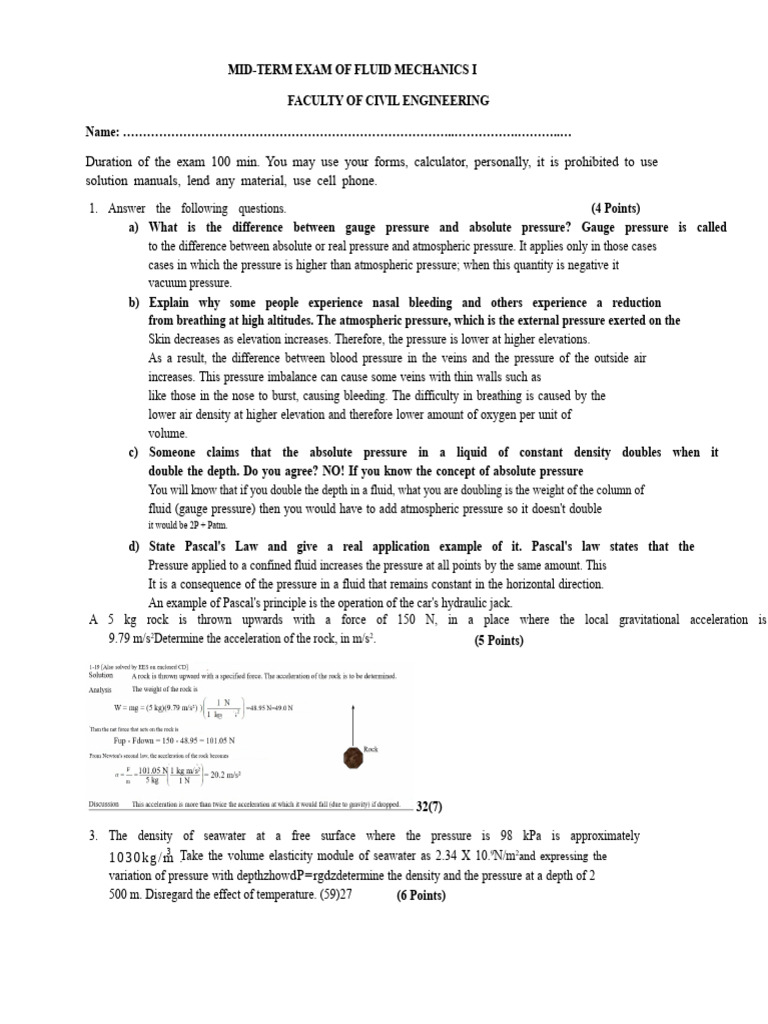 Fluid Mechanics Mid-Term Exam Guide | PDF | Pressure | Pressure Measurement