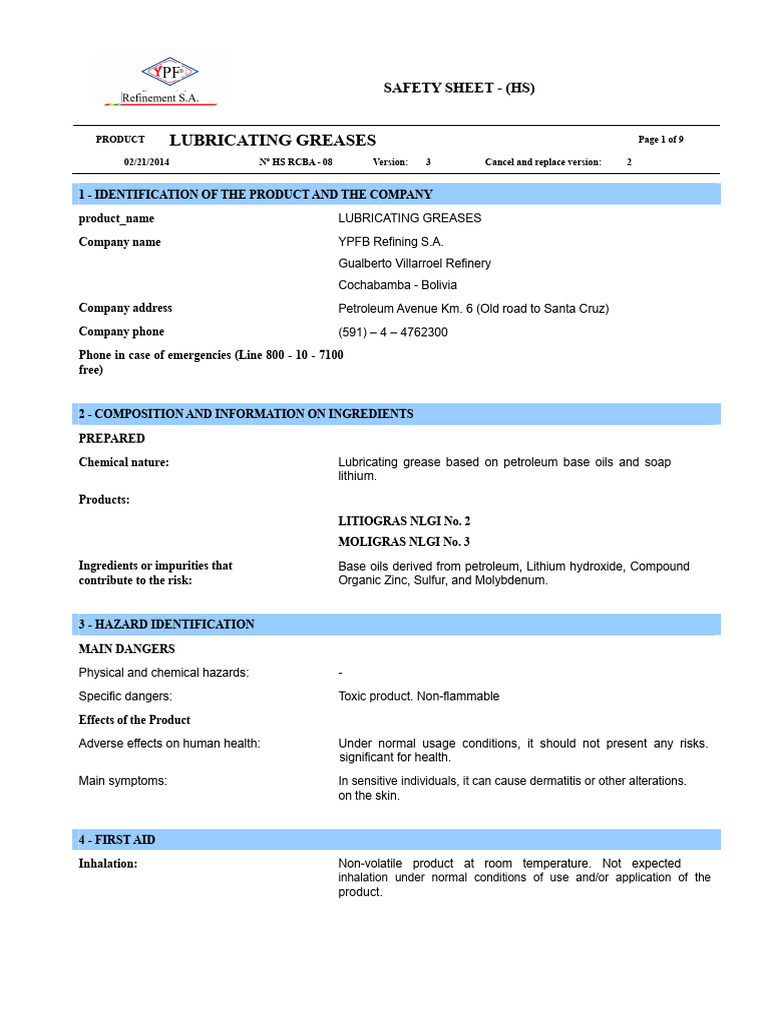 Lubricating Grease Safety Data Sheet | PDF | Combustion | Waste