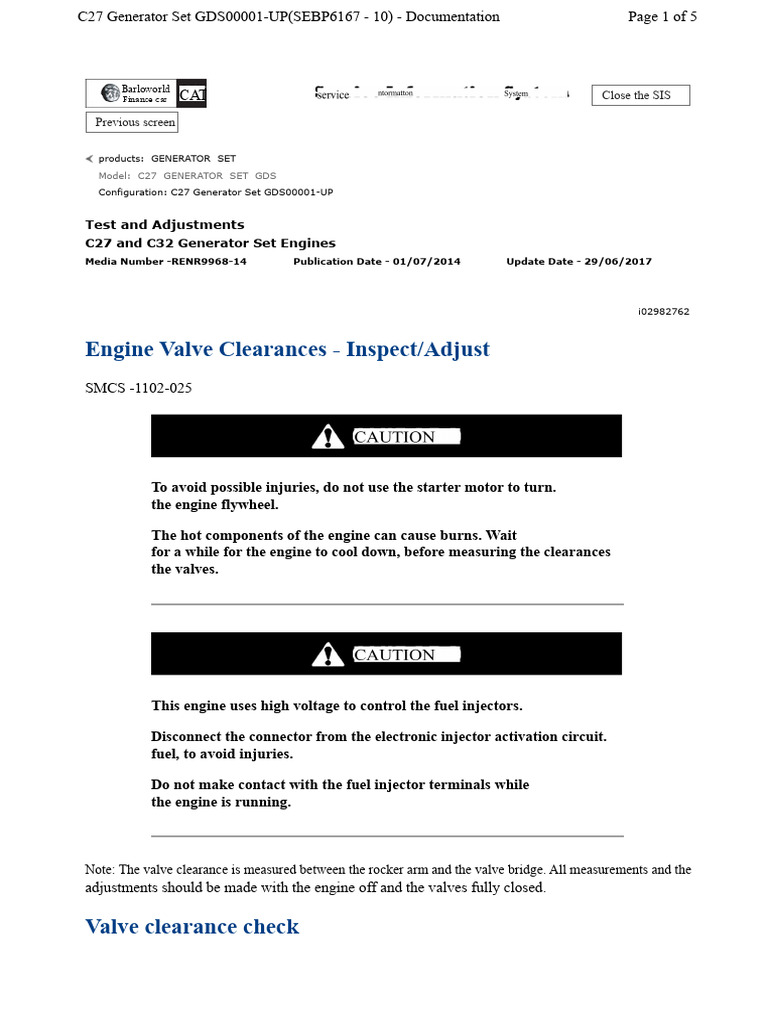 C27 Generator Set Valve Clearance Guide | PDF | Fuel Injection | Piston