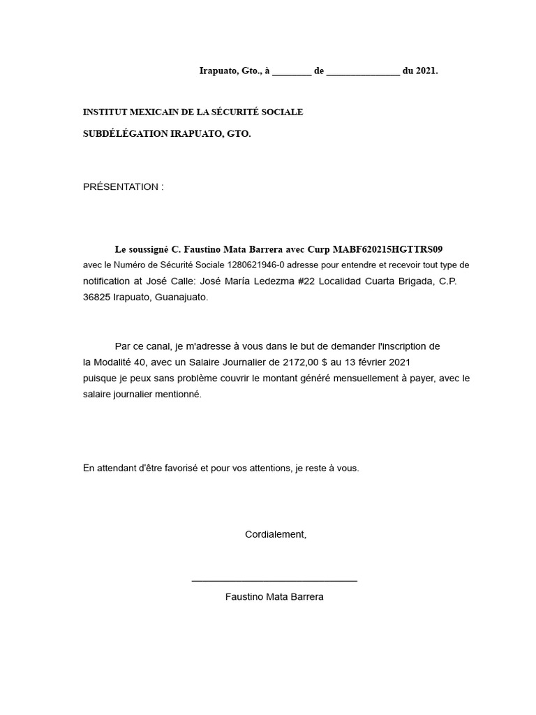 Demande d'inscription Modalité 40 IMSS | PDF