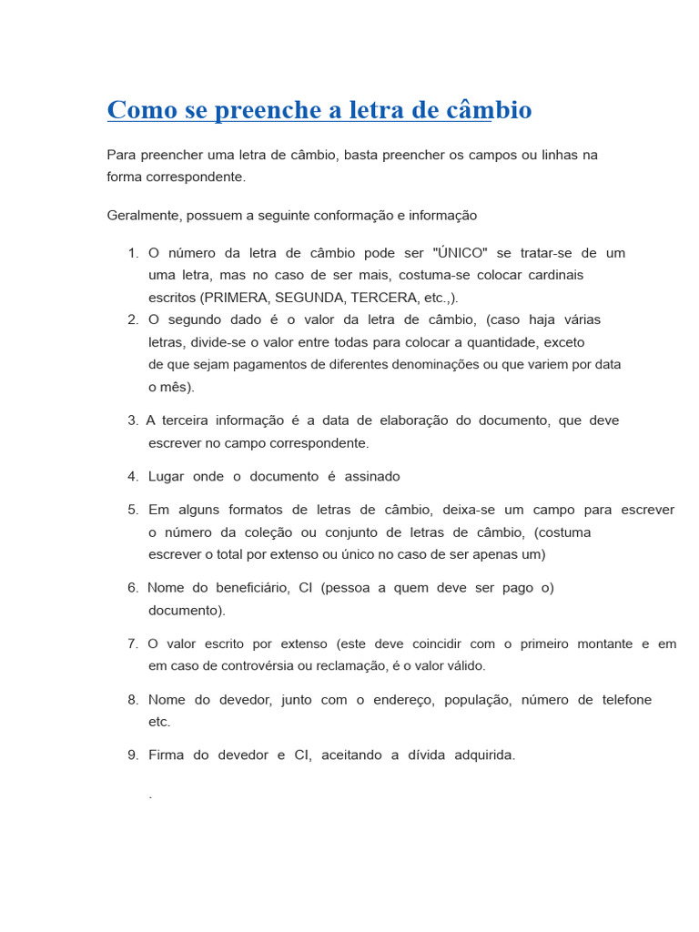 Como Preencher uma Letra de Câmbio | PDF