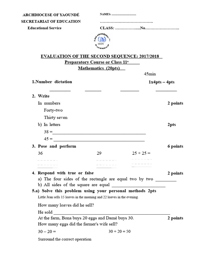 2017/2018 Mathematics Evaluations for Classes | PDF | Mathematics