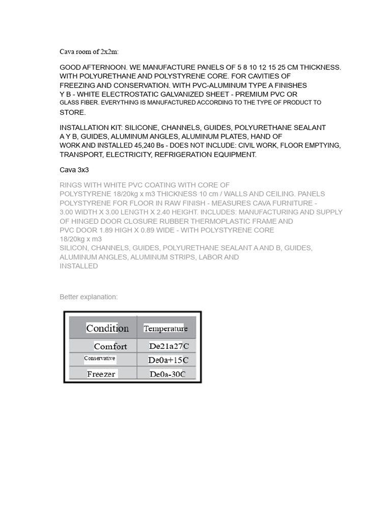 2x2m Cold Room Specifications | PDF | Refrigeration | Thermal Insulation
