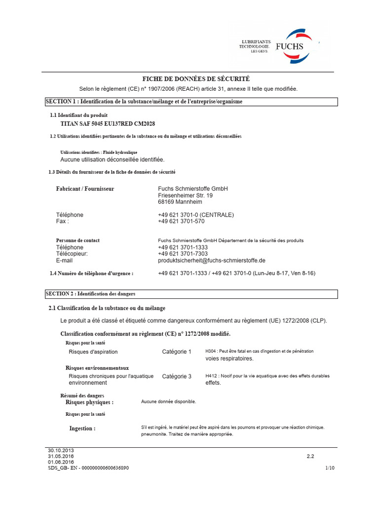 Fiche de données de sécurité Titan SAF 5045 | PDF | Substances ...