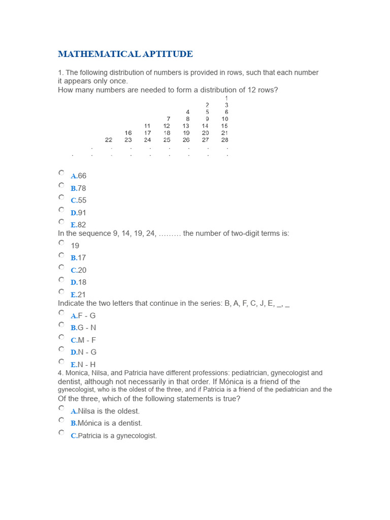 Mathematical Aptitude Test Questions | PDF | Angle | Consciousness