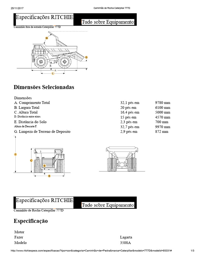 Especificações do Caminhão Caterpillar 777D | PDF | Veículo motorizado ...