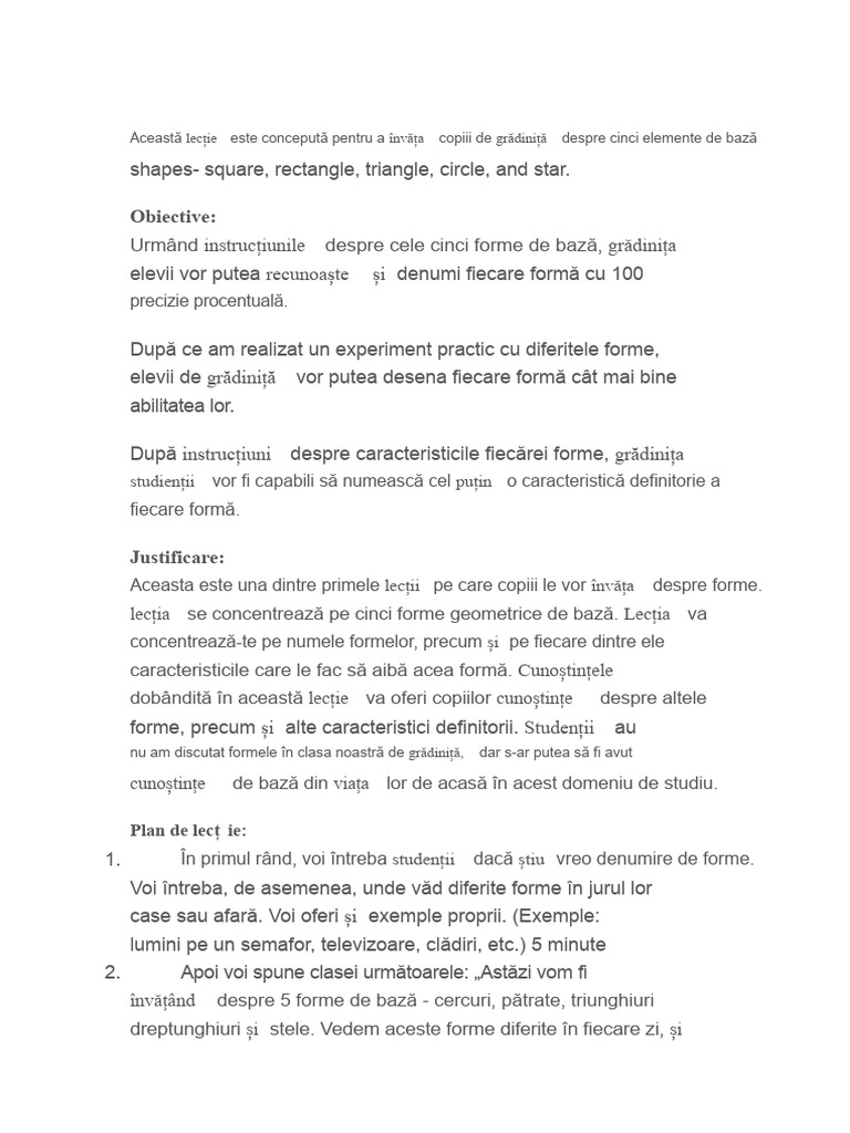 Plan de Lecție Elementar Despre Formele Geometrice | PDF