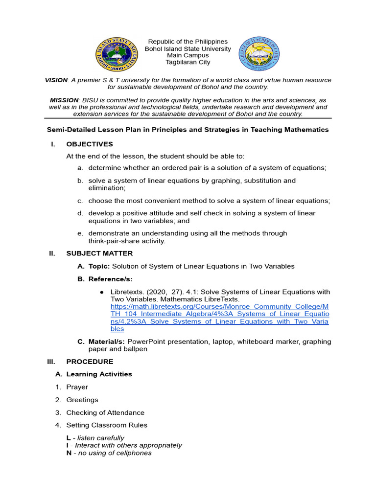 Lesson Plan: Solving Linear Equations | PDF | Equations | System Of ...