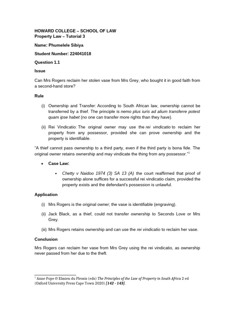 DP Submission Tutorial 3 - P Sibiya 224041018 | PDF | Property Law ...