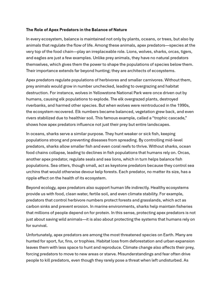 Apex Predators: Guardians of Ecosystem Balance | PDF | Predation ...