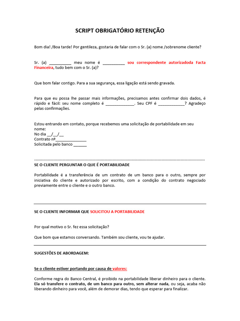 Script de Atendimento para Portabilidade | PDF | Dinheiro | Empréstimos