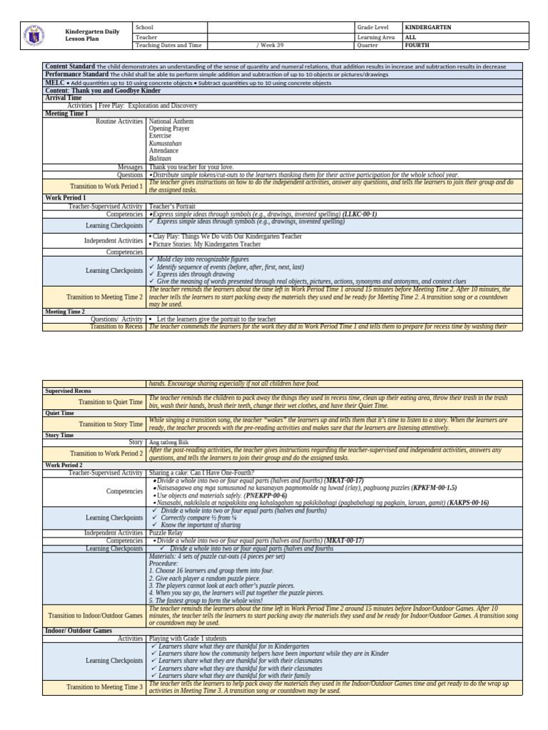 Kindergarten Week 39 Lesson Plan | PDF | Teachers | Learning